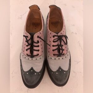 John Fluevog Pink and Gray Wingtip Flats